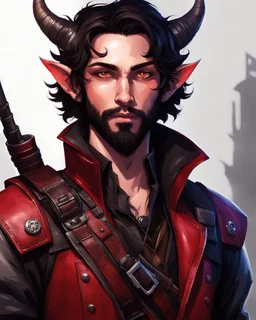 fantasy humanoid demon, tiefling horned, small ram horns, white skin, ashey complexion, rogue scoundrel, slight smile, gunslinger, pirate gear, red eyes, cat eyes, black neck length hair, short black beard, red jacket, one leather ammo belt, dim lighting, moody