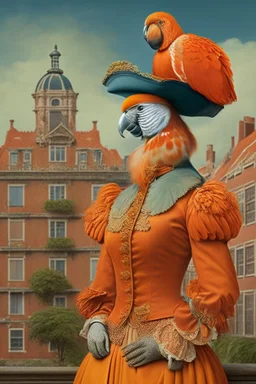 Female Half parrot half human in a 1700s Orange Dutch uniform next to a Dutch city