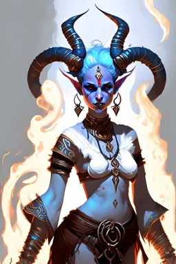 A full body image of this tiefling woman she has fire powers, she is floating she has lots of jewelry and the horns of a ram and also the horns of a gazelle, her outfit is white and her body is covered in tribal tattoos