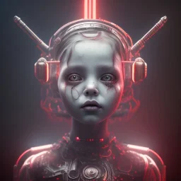 a little girl with a cyborg brain and a lot of red liquid, steam punk, scary, horror, realistic, made in octane, cinematic, ultra-realistic, extremely detailed octane rendering, 8K, VRAY Super Real ar 2:3, dof photorealistic futuristic 50mm lens hard lighting dark gray tintype photograph, realistic lighting, sephia colors