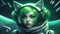 CYBER CAT GIRL IN SPACE, SCI-FI STYLE, GREEN COLORS