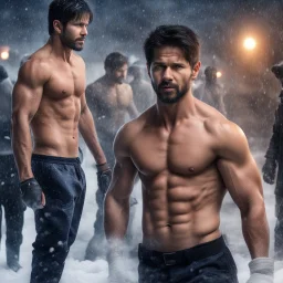 Hyper realistic shirtless muscular shahid kapoor & Mark Wahlberg at snowfall night