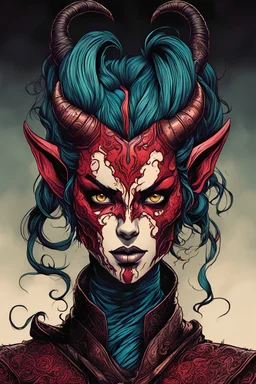 highly detailed, color woodcut concept illustration of a female Tiefling seeress character , maximalist, sharp focus, highest resolution, in the styles of Alex Pardee, Wayne Reynolds, Denis Forkas , and Masahiro Ito, boldly inked, 8k, coarse, gritty textures