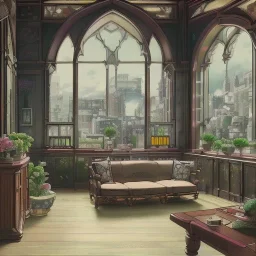  Living room with a big full wall window view on Gotham city , gothic architecture,interior design,point of perspective,by Jean Baptiste Monge, Epic cinematic, brilliant stunning, intricate, meticulously, detailed, dramatic atmospheric, maximalist digital matte painting