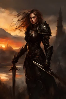 A formidable warrior girl in black armor, on the background Amazing gloomy landscape, flooded with sunset, mountains, trees, fabulous scary hero, , juicy emotions, painting, dark fantasy, gloomy day, dark world, portrait, by James Paick & Anna Razumovskaya