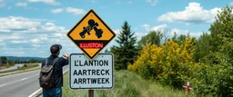 roadside sign warning about dangerous illusions and artwork in the road, people pointing at the sign, it has some beautiful neon artwork