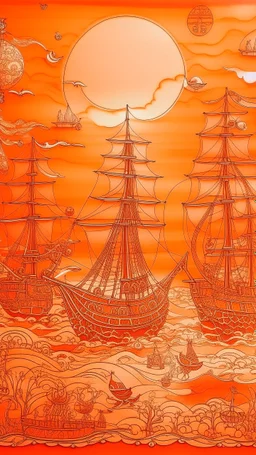 A light rosy orange colored bay with pirate ships and crystals designed in Kuna molas painted by Max Ernst