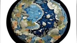 A blue planet made entirely out water and coral designed in ancient Roman mosaics painted by Edouard Manet