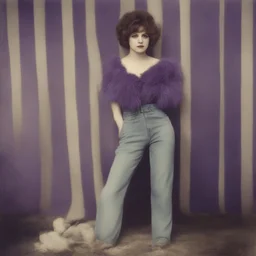Clara bow, Hippie girl, jeans, purple fur, striped wallpaper, old autochrome
