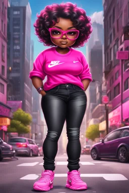 reate an airbrush illustration of a chibi cartoon voluptuous black female. Wearing a hot pink t-shirt and tight black jeans with hot pink Nike sneakers. Prominent make up with hazel eyes and she is wearing pink glasses. Extremely Highly detail of a very low platinum shiny black pixie haircut. Background of a busy city street. 2k