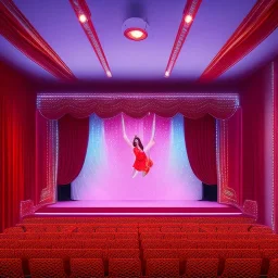theater stage with red curtain, medium range, head-to-toe portrait of acrobats, vaudeville, ethereal, soft lighting
