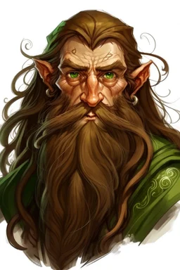 Gnom, braune lange wilde Haare, große, auffällig dicker Nase, grüne Augen, sehr jung (etwa zwanzig Jahre) , Druide, gebräunte Haut, keine Falten im Gesicht, etwas dicker, Mann