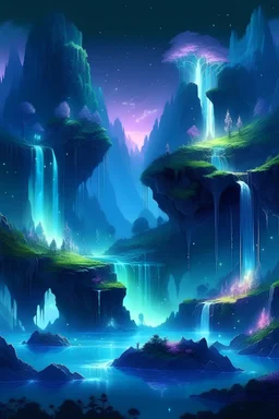 Un valle encantado con cascadas de cristal, donde árboles luminosos bailan con la brisa y criaturas bioluminiscentes juegan en ríos de agua tibia bajo un cielo estrellado.