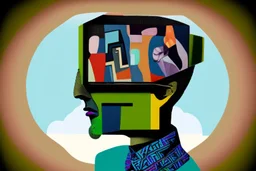 man with head inside a tv box in the style of Eileen Agar