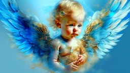 Beautiful baby angel, double exposure fantasy, blue, gold, glitter, fine detailing, hyperrealism, vibrant colors, photorealism, 3D, acrylic and watercolor elements, heart.