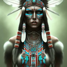 war painted pueblo Indian female, dark, disturbed expression.intricate detailethnically accurate face, intricate head dress, detailed make-up, detailed turquoise jewelry, detailed hair, detailed feathers, use dynamic palette, accurate proportions, high contrast.