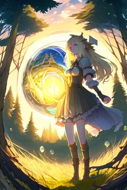 Anime, blonde girl in medieval clothing in large field in the middle of the forest with a globe of light next to her