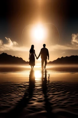 un lago en el cielo, arena en las manos, dos personas enamoradas, hombre y mujer enlazados, alejando las tristezas, con sol radiante en un ambiente lleno de luz y amor