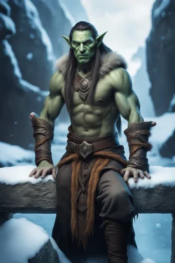 close up portrait of psionic ancient half elf half orc shaman thief in inviting pose on ice stone bridge, book cover