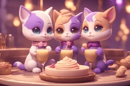 cute chibi kittens drinking champagne in a beautiful dessert shop in purple in lamplight Weight:1 3D Game Cinematic Feel, Epic 3D Videogame Graphics, Intricately Detailed, 8K Resolution, Dynamic Lighting, Unreal Engine 5, CryEngine, Trending on ArtStation, HDR, 3D Masterpiece, Unity Render, Perfect Composition Weight:0.9