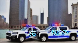 A police Tesla Cybertruck is chasing a Tesla 'Model S Plaid' at top speed, on the Navy Pier, in Chicago. CINEMATIC. WIDE ANGLE LENS. PHOTO REAL.