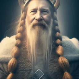 Viking theme, a younger woman sitting next to a 50-year-old man, portrait, 8K, close-up face, anatomically perfect face, Highly detailed stunning full frame portrait, misty and cloudy atmosphere