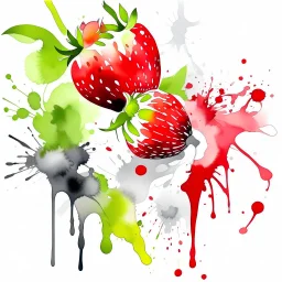 Watercolour effect, strawberry, forest abstract,roschCh ink blot test, white background, muted colour's.no black outline, no black colour only white more watercolour blobs, no black outline, other colours