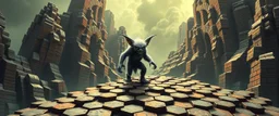 smite by god was the evil furry goblin gremlin man walking on a mountain of hexagon bricks in the style of Escher and Giger.