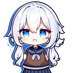 Clear focus, High resolution, long white hair, hair between eyes, straight long locks, sparkling blue eyes, wearing a sailor uniform, wearing a sailor skirt, wearing a brown vest, cute, 1girl, fluffy hair, cute, chibi, cartoon, rough line art, white background