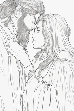 Couple from dnd kissing, woman with white hair wearing a dress, man with long black hair tunic and red cloak.