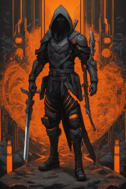 Ninja machine, solo leveling artstyle, black custom, Reaper them, neon orange details, Apiary of death , full body, apocalypse, intricate details, highly detailed, high details, detailed portrait, masterpiece,ultra detailed,best quality