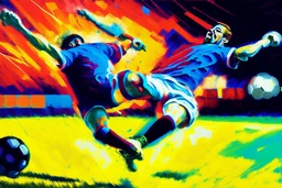 Oil painting, football match, the striker is kicking a goal, the ball is flying, bright but not neon colours, dynamic lines, dynamic blobs, spots, lines in the background of the character, like a colour explosion, A visually striking piece filled with dynamic brushstrokes, reminiscent of the impasto technique used in Vincent Van Gogh's Post-Impressionist paintings. The composition features bold colors and unblended strokes, creating a sense of depth and movement that defies traditional art style