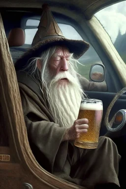 gandalf in a car drinking a beer
