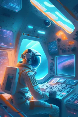 在一个太空站内部，一位宇航员在操纵舱内操作控制台，周围是高科技设备和闪烁的灯光，传递出一种未来主义的氛围，使用科幻风格，采用数码绘画技术和3D渲染引擎，图像比例16:9