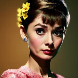 Audrey Hepburn has glow effect. She has beautiful eyes, Her hair flies in the air. with yellow flowers for hair, closed eyes, rtx, reflection, 8k, glow, winning photography, caustics