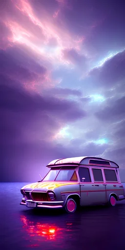 An old caravan at the bottom of an streaming river, lots of clouds within neon lights