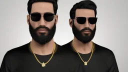 a single man, an Arab from the Middle East, he has a beard, who wears a gold chain, with a t-shirt marked ODK, wears a black baseball jacket with the mark ODK, which bears black sunglasses, with a black baseball cap with the initials ODK. at night, in the city center, at night.