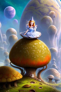 Alice in Wonderland, in a space suit, sitting on a huge mushroom, with tentacles hanging down, in an alien landscape