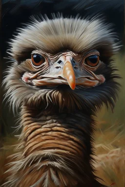 An oil painting of a very beautiful ostrich with wide eyes Photorealistic