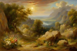 sunny day, clouds, rocks, trees, mountains, flowers, william turner paintings