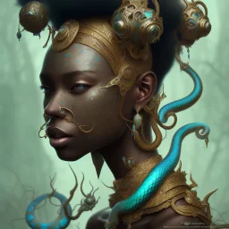 sango fantasy, fantasy magic, intricate, sharp focus, illustration, highly detailed, digital painting, concept art, matte, masterpiece head sexy view black African beauty black afro hair space lady turquoise snakeskin Bali princess facing forward