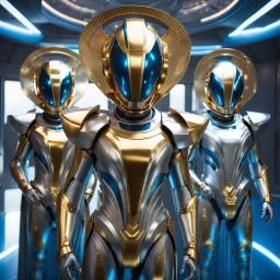 (masterpiece, best quality, 8k, RAW photo, beautiful and aesthetic:1.2), complex detail, Indirect light, photorealistic, (((full body))), Meeting of a group of Cosmic male gods smiling, Mixed, sci-fi and cyborg outfit with golden futuristic artifacts, white, blue and silver elements- Inside a great room of a flying saucer with a round hublot showing a galactic sunset