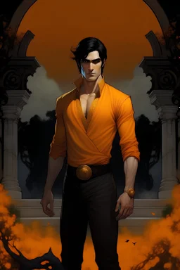 A sexy ancient Greek God, handsome perfectly tanned man with, black hair, and golden amber-orange-yellow eyes, wearing a long turtle neck shirt, long black pants and a black belt, at a graveyard with ghosts