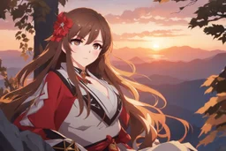 A woman from Genshin Impact, pale complexion and long brown hair, Her eyes are red with a diamond-shaped pupil, intricate background, intricate face, sitting on a cliff during sunset, contemplative, anime style, dynamic composition