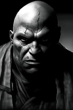 A native Indian chef, they but a fabric on his eye so he can not see and his arms are Handcuffed. looks miserable with bruises on his face like he has been beating sitting on a broken chair in a prison with dem light and dark prison environments , Busch painting style , sureal