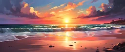 beach, sunset, realistic painting style, dramatic lighting