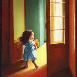 Distant Painting of a little girl entering a room