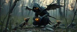ninja necromancer in the wild, raising glowing raven skeleton rat babies