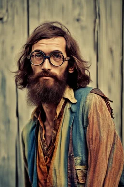 Hippie bohemian young ugly man with Parisian bohemian look and glasses of colours and poor and short short short and poor hair on the head with receding hairline. Farsightedness glasses with big eyes. Long beard. Vintage look and feel like photo styleof the 70s