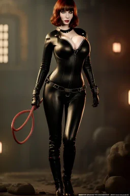 Christina Hendricks dressed in black leather catsuit, with a whip in her hand, inside a dungeon, busty, cleavage, angry, stern look, volumetric lighting, particales,highly detailed,cinematic, deep colours,8